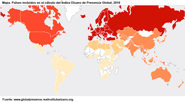 Mapa. Países incluidos en el cálculo del Índice Elcano de Presencia Global, 2016. Fuente: www.globalpresence.realinstitutoelcano.org. Blog Elcano