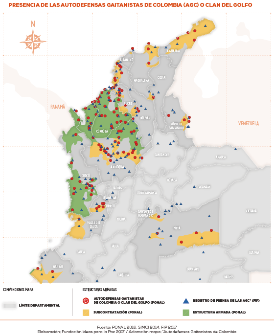 Mapa de la presencia de las Autodefensas Gaitanistas de Colombia (AGC) o Clan del Golfo. Fuente: Informe FIP (2017) “Crimen organizado y saboteadores armados en tiempos de transición: radiografía necesaria”.