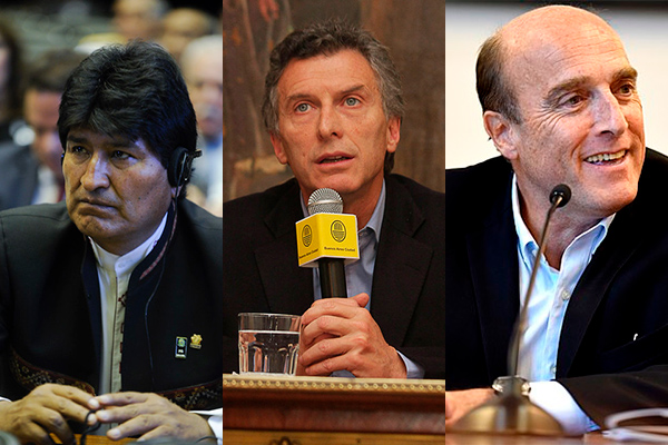 De izq. a dcha.: Evo Morales, Mauricio Macri y Daniel Martínez. Créditos: Senado Federal de Brasil (CC BY 2.0), Mauricio Macri (CC BY-ND 2.0) e Intendencia de Montevideo