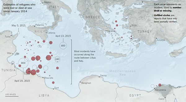 Mapa de inmigrantes fallecidos o desaparecidos en el Mediterráneo. Fuente: New York Times