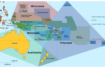Mapa de Oceanía basado en el Geoesquema de la ONU (código de clasificación M49) con zonas ilustrativas (no definitivas, ni autorizadas) para los distintos países. Fuente: Cruickshanks (trabajo propio, derivado de Oceania_ISO_3166-1.svg) / Wikimedia Commons (CC BY-SA 3.0). Blog Elcano