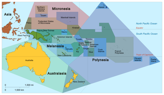 Mapa de Oceanía basado en el Geoesquema de la ONU (código de clasificación M49) con zonas ilustrativas (no definitivas, ni autorizadas) para los distintos países. Fuente: Cruickshanks (trabajo propio, derivado de Oceania_ISO_3166-1.svg) / Wikimedia Commons (CC BY-SA 3.0). Blog Elcano