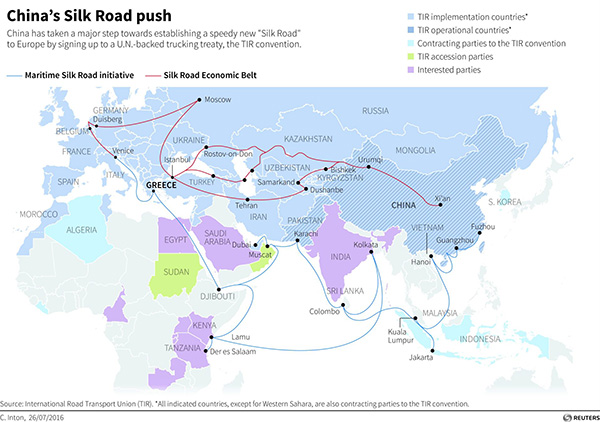 Geometrías disputadas en torno a la Nueva Ruta de la Seda. Mapa: China's Silk Road Push - Reuters vía Brookings Institute. Blog Elcano