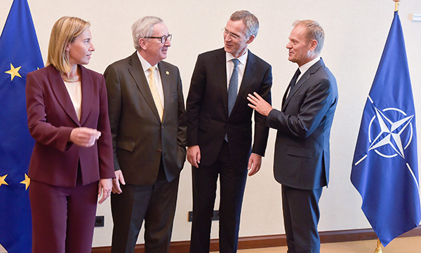 Federica Mogherini, Jean-Claude Juncker, Jens Stoltenberg and Donald Tusk last Friday in Warsaw. Photo: European External Action Service (CC BY-NC 2.0)