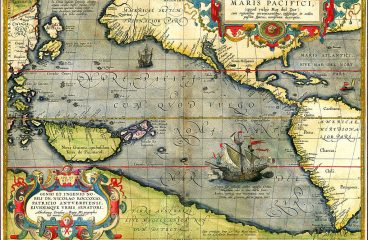 El legado español en Asia. Mapa del Océano Pacífico de Abraham Ortelius, con la nao Victoria. Dominio público.