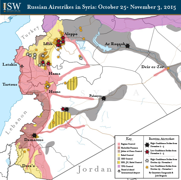 Mapa de ataques aéreos de Rusia en Siria, del 25 de octubre al 3 de noviembre. Mapa: Institute for the Study of War