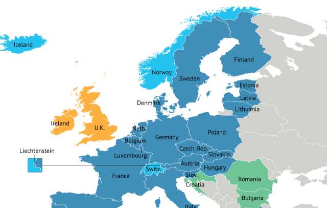 Mapa del espacio Schengen en Europa. Fuente: DG Migración y Asuntos de Interior - Comisión Europea vía Stratfor. Blog Elcano