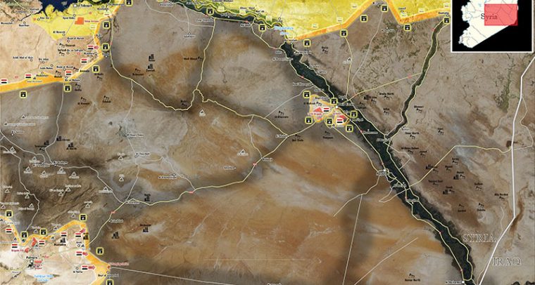 Situación militar en el sur-este de Siria, incluyendo las ciudades de Deir Ezzor, Palmira, Raqa (junio 2017). Mapa vía Peto Lucem (@PetoLucem). Blog Elcano