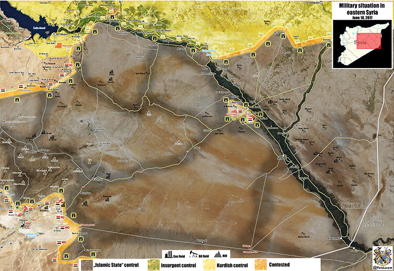 Situación militar en el sur-este de Siria, incluyendo las ciudades de Deir Ezzor, Palmira, Raqa (junio 2017). Mapa vía Peto Lucem (@PetoLucem). Blog Elcano