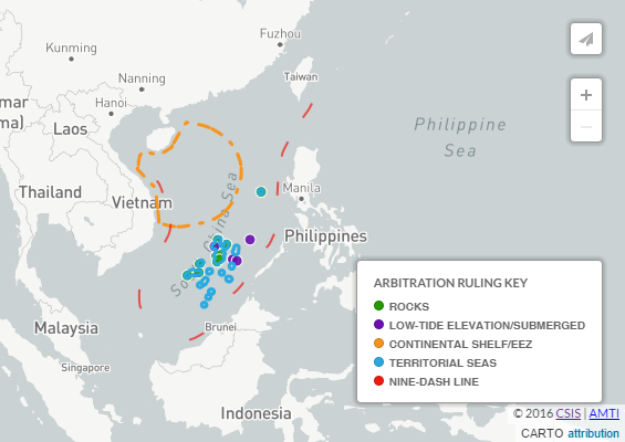 South China Sea, marking rocks and lines. Map: CSIS / AMTI