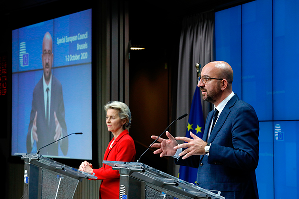 EUCO diaries: will the tension in the Eastern Mediterranean lead to a watershed? Ursula von der Leyen, president of the European Commission, and Charles Michel, president of the European Council at the press conference of the Special European Council on 1 October. Photo: ©European Union, 2020