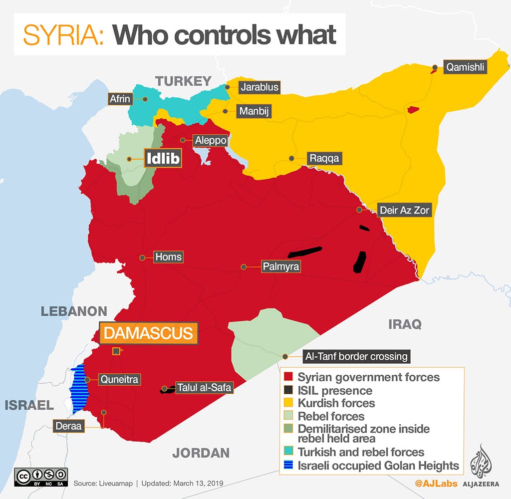 Idlib (Siria) como ejemplo de lo peor. Mapa del control territorial en la guerra en Siria (marzo 2019). Mapa: @AJLabs Aljazeera (CC BY-NC-SA). Blog