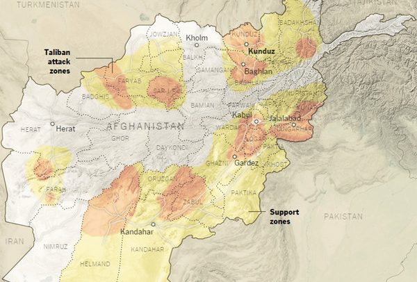 Zonas bajo ataque e influencia talibán en Afganistán (septiembre de 2015). Mapa: New York Times / Fuente: Institute for the Study of War. Blog Elcano