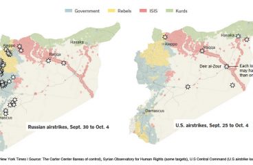 Bombardeos en Siria - EEUU y Rusia (septiembre-octubre 2015). Imagen vía The New York Times. Blog Elcano
