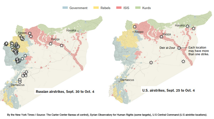 U.S and Russian Airstrikes in Syria (September-October 2015). Image via The New York Times. Elcano Blog