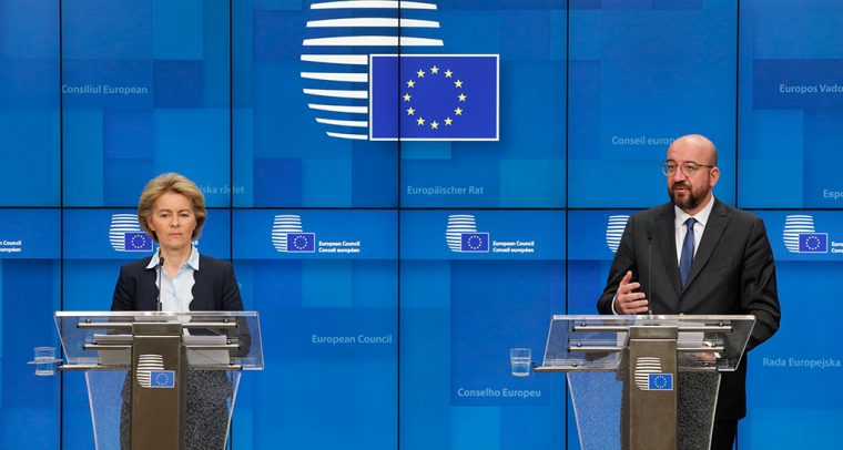 Urusula von der Leyen, presidenta de la Comisión Europea, y Charles Michel, presidente del Consejo Europeo, durante la rueda de prensa tras la videoconferencia de los líderes de la Unión Europea (10/3/2020). Foto: ©European Union, 2020