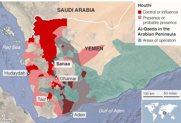 Áreas de influencia del movimiento Huthi. Abril de 2015. Fuente: BBC.com News. Blog Elcano