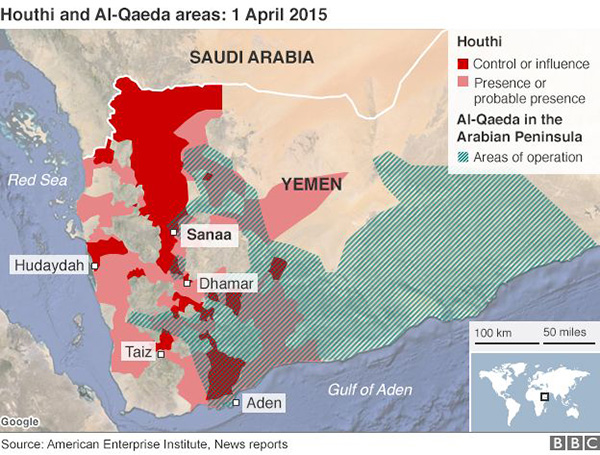 Áreas de influencia del movimiento Huthi. Abril de 2015. Fuente: BBC.com News. Blog Elcano