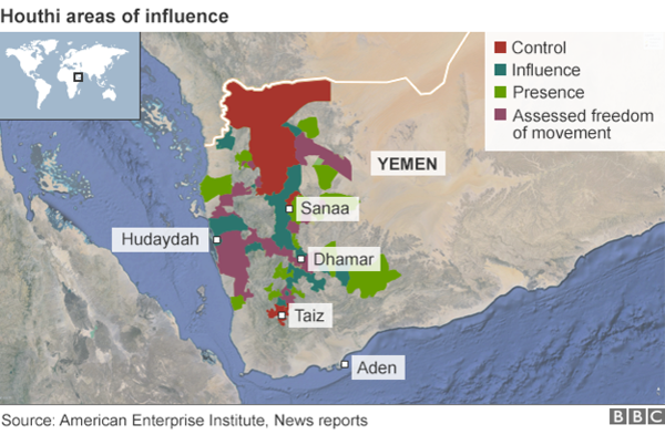 (Áreas de influencia del movimiento Houthi. Fuente: BBC.com News)