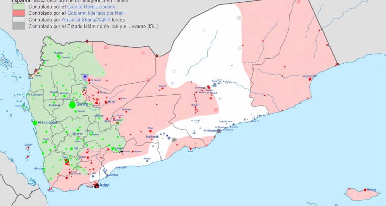 Guerra civil en Yemen. Situación militar a 1 de abril de 2016. Fuente: Ali Zifan vía Wikimedia Commons. Licencia Creative Commons Reconocimiento-CompartirIgual. Blog Elcano