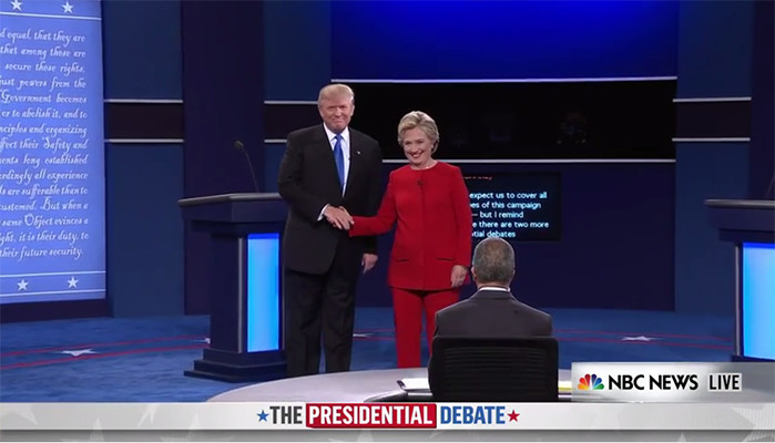 Hillary Clinton and Donald Trump at the 1st US Presidential Election Debate 2106. Source: NBC News. Elcano Blog.