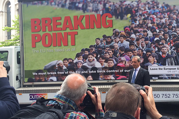 Brexit and the EU’s ‘Syrian bill’. Nigel Farage, leader of UKIP, presents a new campaign poster showing refugees.
