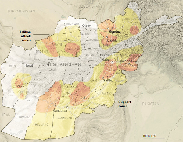 Desarrollo actual de la insurgencia talibán y el terrorismo yihadista en Afganistán. Zonas bajo ataque e influencia talibán en Afganistán en septiembre de 2015.