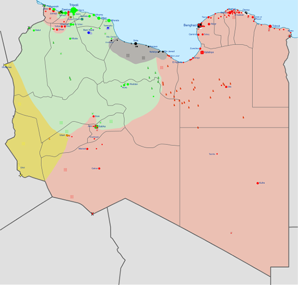 No esperen buenas noticias de Libia en los próximos meses (como poco). Mapa de las facciones en Libia a febrero de 2016.