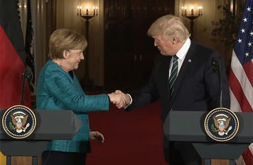 Germany and Trump-America: back on track? Angel Merkel and Donald Trump shaking hands at a joint press conference.