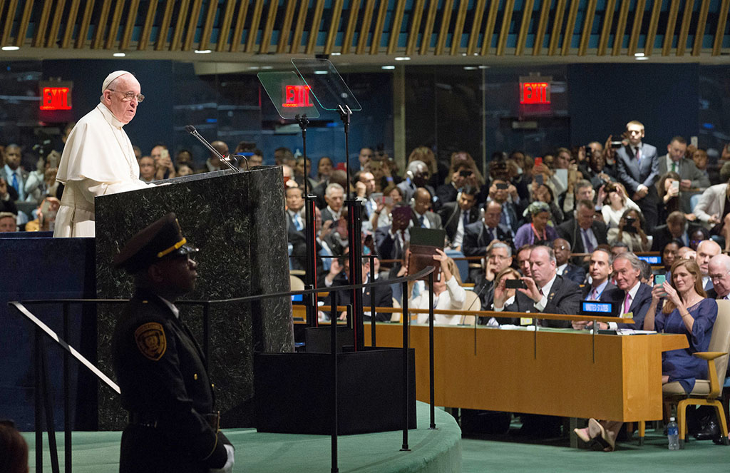 Pope Francis's speech at the UN General Assembly on 2015. Photo: ONU/Evan Schneider
