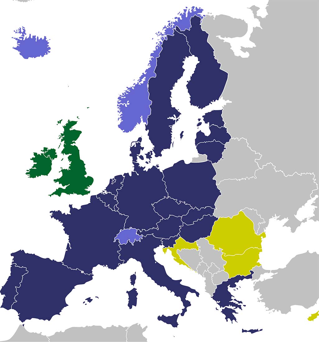 Schengen: un bien colectivo que nadie defiende. Mapa del área Schengen (en morado y lila).