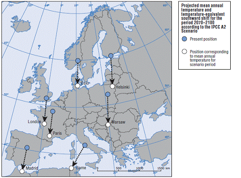 figura 3 desplazamiento hacia el sur de las temperaturas de las ciudades europeas