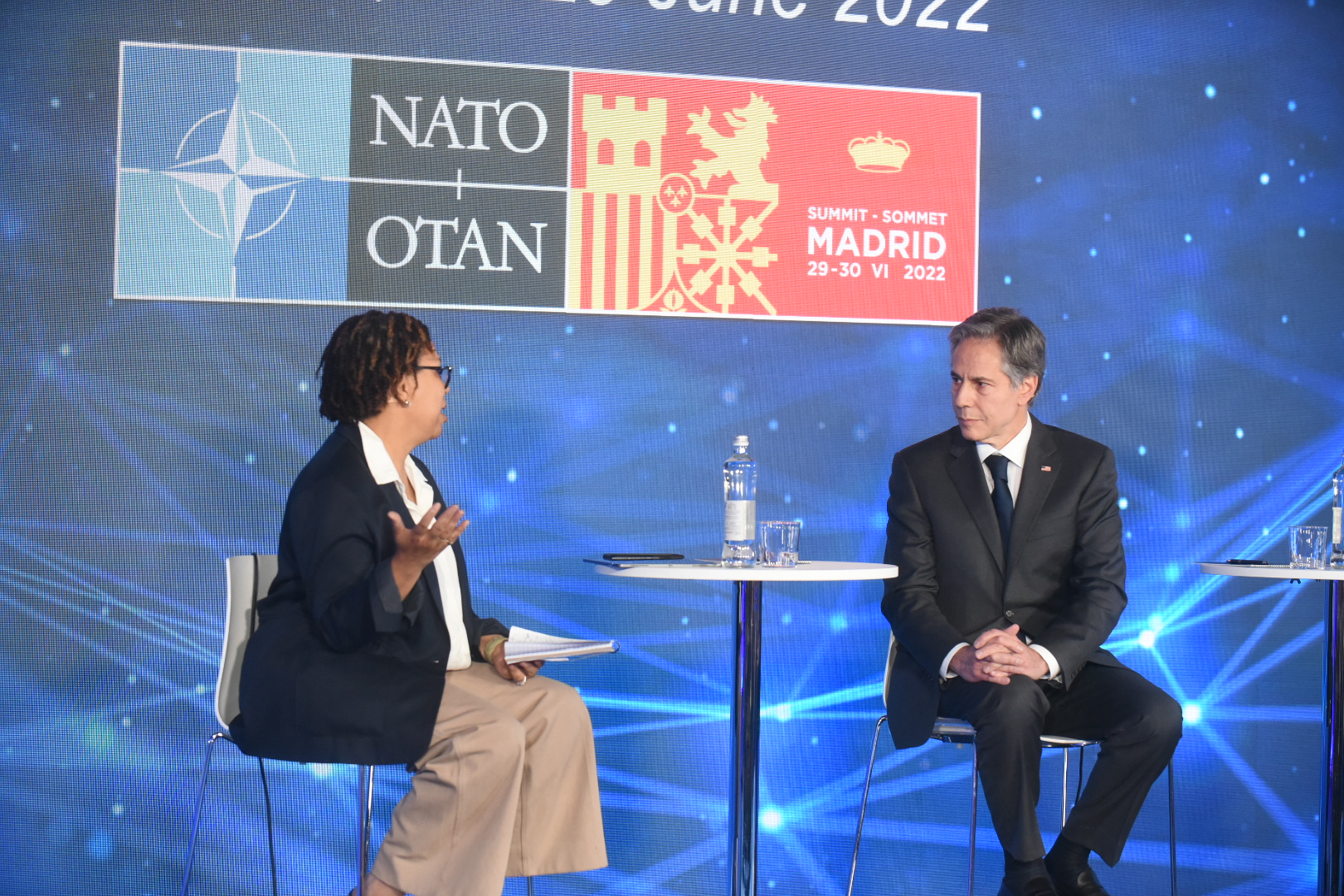 Michel Martin (Weekend Host of All Things Considered and Consider This, National Public Radio) and Antony Blinken (Secretary of State, United States of America). 2022 NATO Public Forum