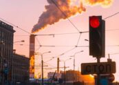 Red traffic light on a Moscow Street in Russia