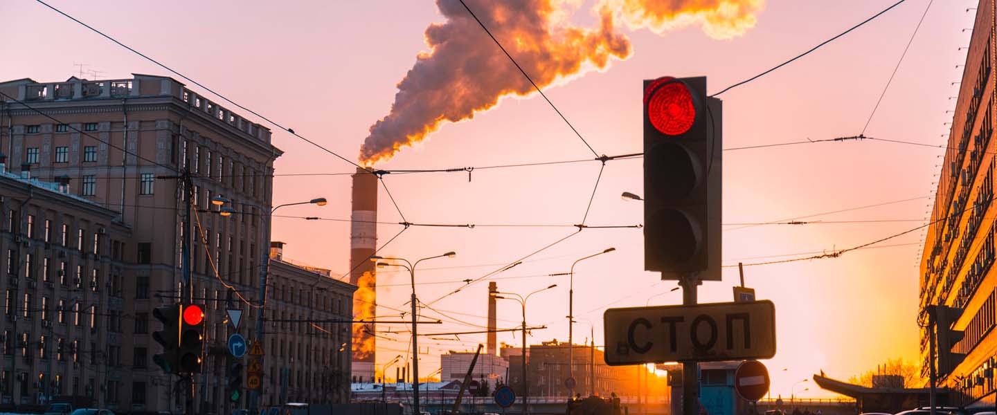 Red traffic light on a Moscow Street in Russia