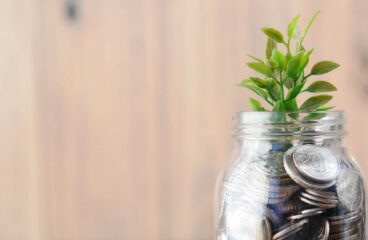 A jar with coins and plants. Representation of the green economy