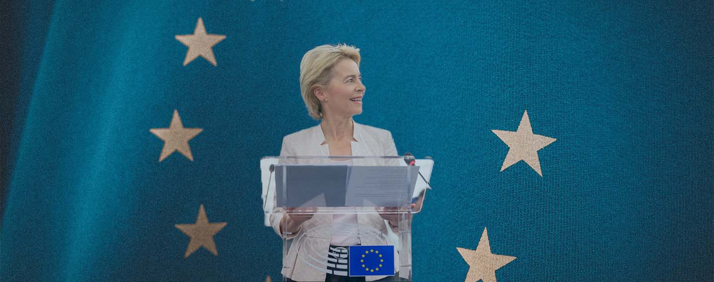 Ursula von der leyen, president of the European Commission, and the EU flag