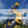The PromethEUs network logo with an image of the euro sign sculpture by Ottmar Hörl in Frankfurt on the background