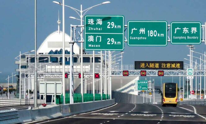 The Greater Bay Area. Hong Kong-Guangdong border on Hong Kong-Zhuhai-Macau Bridge