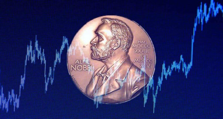 Nobeles de economía 2022. Medalla Alfred Nobel en el museo Nobel de Estocolmo, Suecia