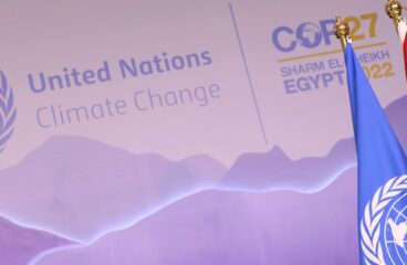 Imagen con los logos de la UNFCC y la COP27 en Sharm el Sheij con las banderas de la ONU y Egipto, país organizador de la COP