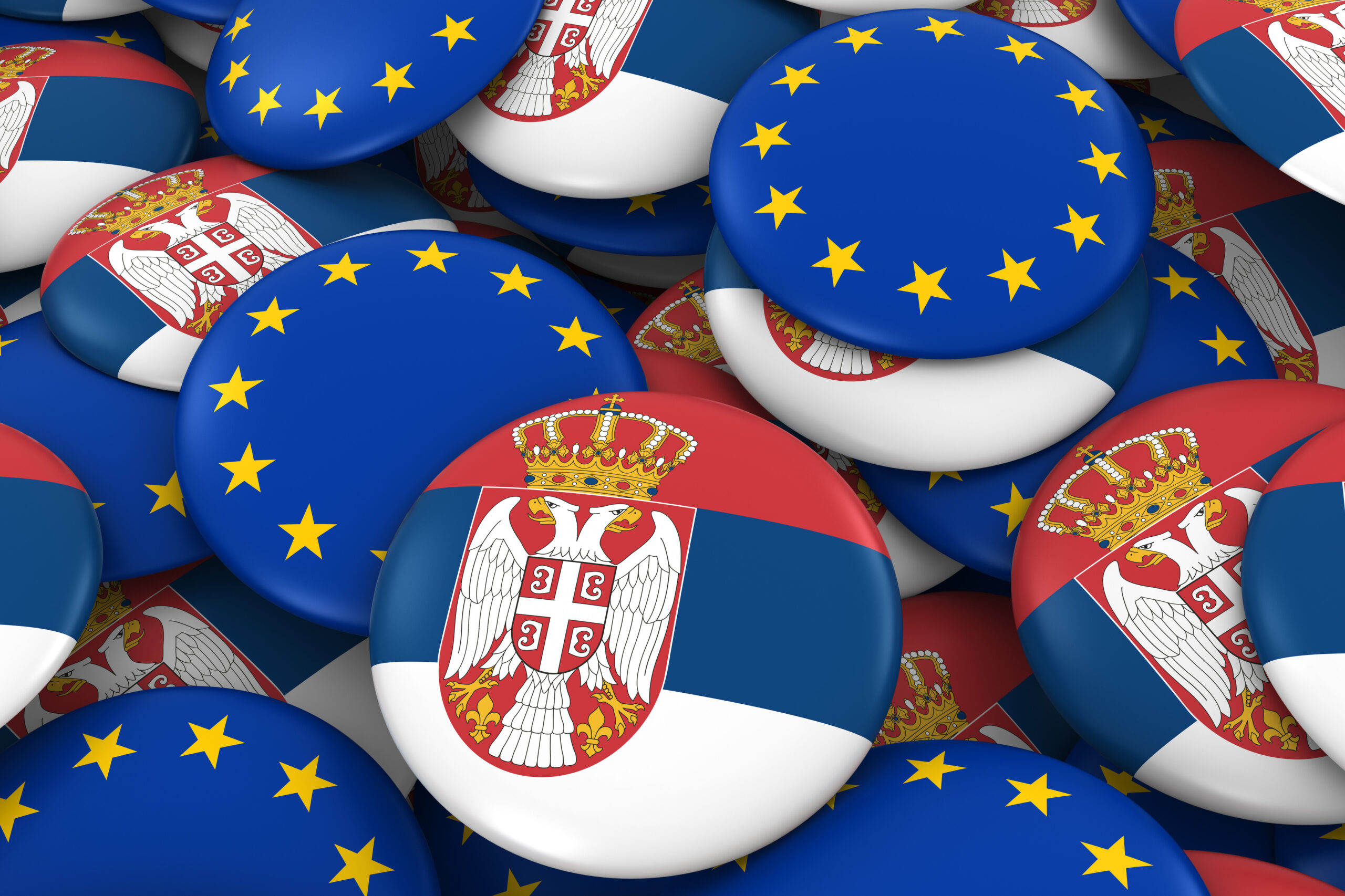 Insignias y pila de botones de la bandera de Serbia y de la Unión Europea. Ilustración 3D