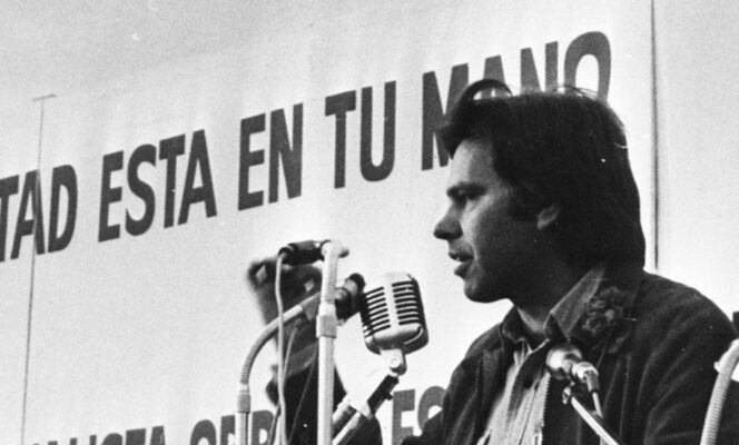 Felipe González, leader of the Socialists (PSOE) in Spain, giving a speech at a rally in Spain (1977)