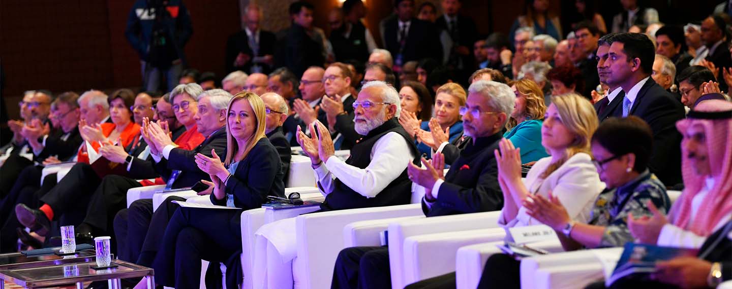 Italy’s Prime Minister Georgia Meloni with India’s Prime Minister Narendra Modi at the inauguration of the Raisina Dialogue 2023 in New Delhi along with other participants