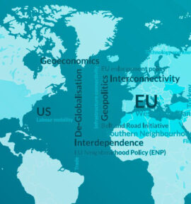 La UE y su política de vecindad sur y este. Mapa mundi sobre un fondo azul degradado con una nube de palabras en inglés al centro