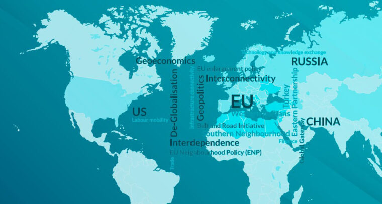 The EU and its Southern and Eastern Neighbourhood Policy. World map on a gradient blue background with an English word cloud in the centre