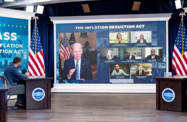Transatlantic trends. President Joe Biden hosts a virtual meeting with labour and business leaders to discuss the benefits of the Inflation Reduction Act (IRA) on 4 August 2022, in the South Court Auditorium of the Eisenhower Executive Office Building at the White House