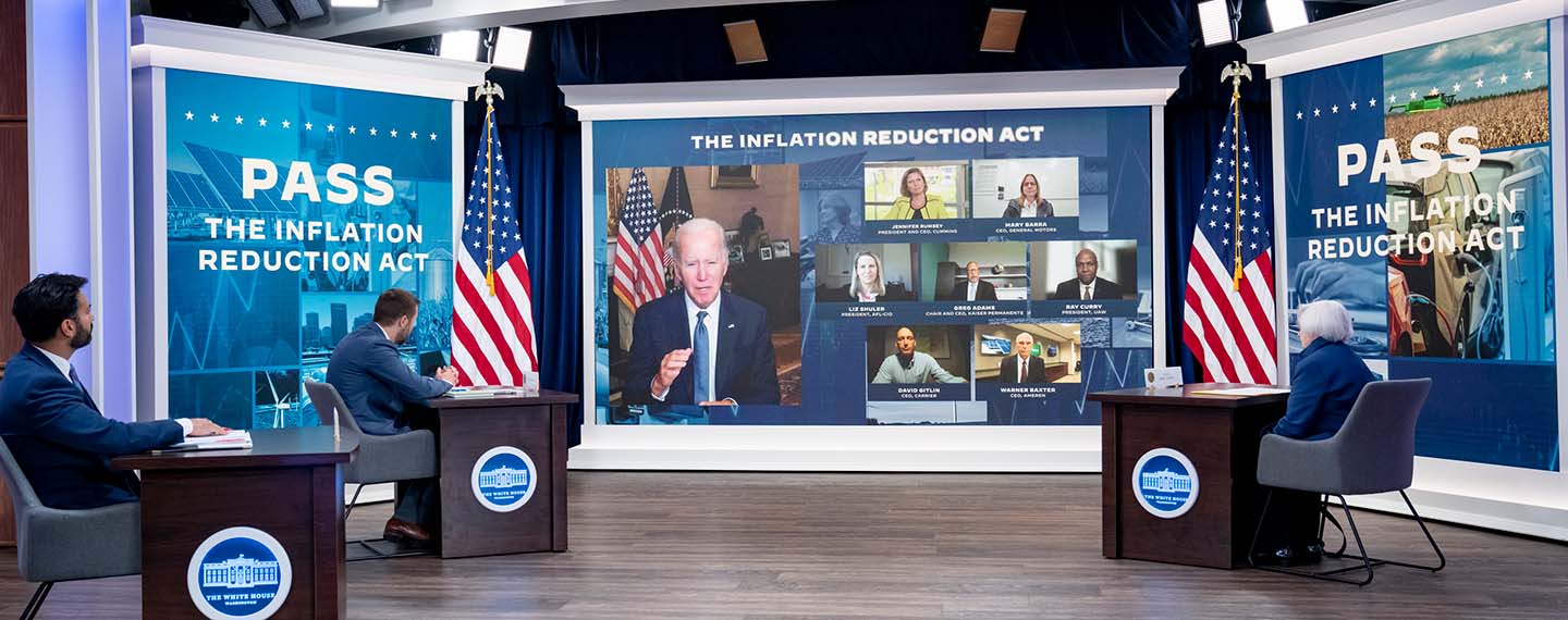Transatlantic trends. President Joe Biden hosts a virtual meeting with labour and business leaders to discuss the benefits of the Inflation Reduction Act (IRA) on 4 August 2022, in the South Court Auditorium of the Eisenhower Executive Office Building at the White House