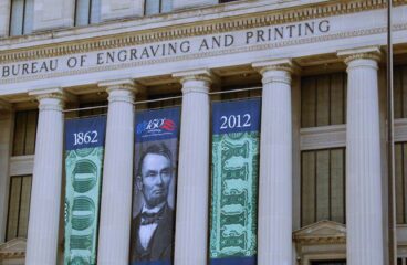 Us dollar. 15th Street SW entrance of the US Bureau of Engraving and Printing building in Washington, D.C. As can be seen from the banners, the Bureau of Engraving and Printing (BEP) is celebrating its 150th anniversary