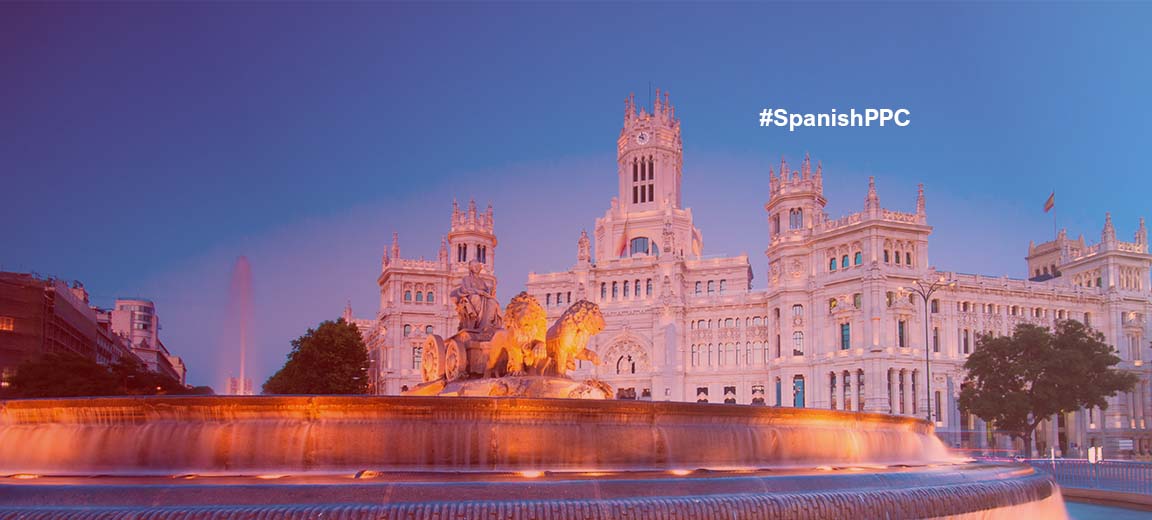 Spanish Pre-Presidency Conference in Madrid. Fountain in the Plaza de Cibeles in Madrid. In the background, the building of the Spanish Post Office, currently the headquarters of Madrid City Hall
